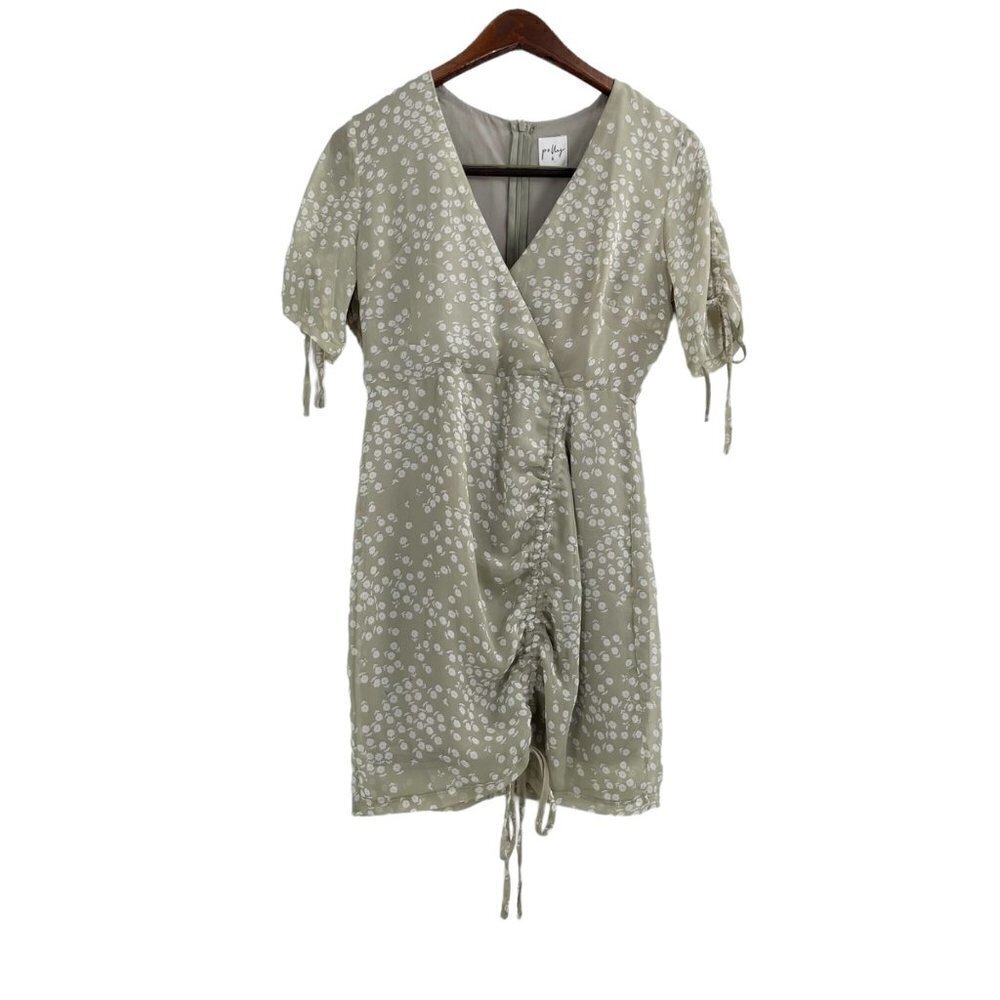 Polly Sage Green Faux Wrap Ruched Floral Mini Dress Womens Size 8 Drawstring